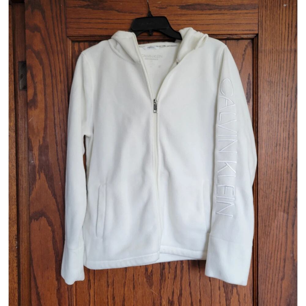 CALVIN KLEIN PERFORMANCE Fleece Jacket Womens Large White Embroidered Zip Hoodie